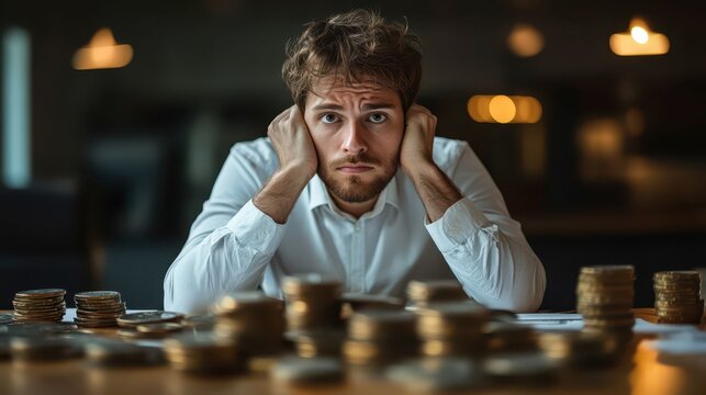 Young man stressed about financial difficulties in dimly lit office