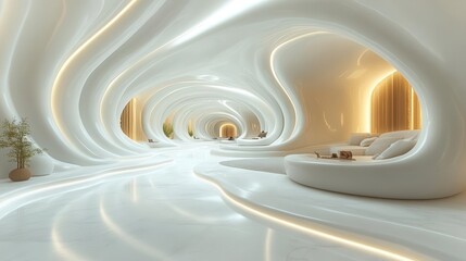 Obraz premium futuristic white environment with clean lines and curved surfaces soft ambient lighting creates subtle shadows emphasizing sleek minimalist aesthetic hitech sterile atmosphere