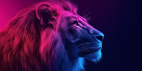 Majestic lion depicted in vibrant purple and pink hues against a dark background