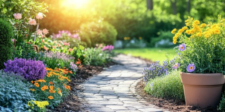 Colorful garden pathway in sunlight with vibrant flowers and lush greenery during springtime