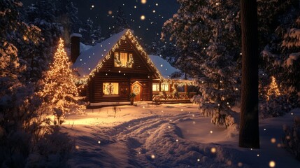 Christmas lights illuminating a cozy cabin, snowy backdrop, December 21