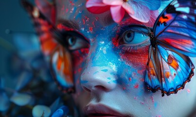 Makeup photography that simulates a butterfly on the model's face, with precise details and vibrant colors