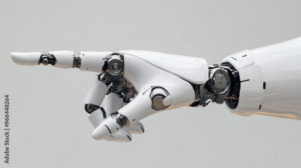 Poster robot hand pointing against grey background symbolizes advanced technology and innovation