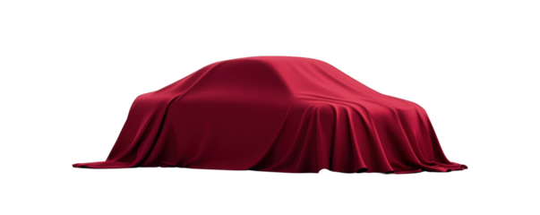 A luxurious car covered with a rich red cloth, symbolizing elegance and anticipation for a grand reveal. transparent background