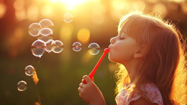 Girl blowing soap bubbles through red wand on blurred background 