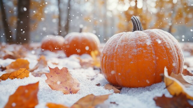 Snow-dusted pumpkins and fallen leaves