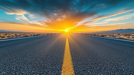 Empty road in the desert, sunset, road vanishing in the horizon.
