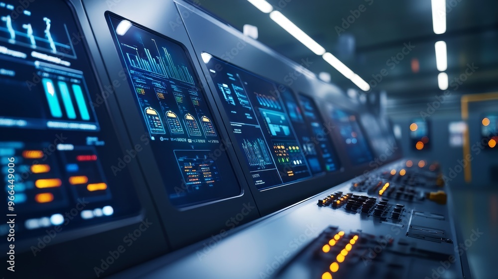 Poster a close-up of a control panel displaying various digital readouts and buttons, likely used in an ind