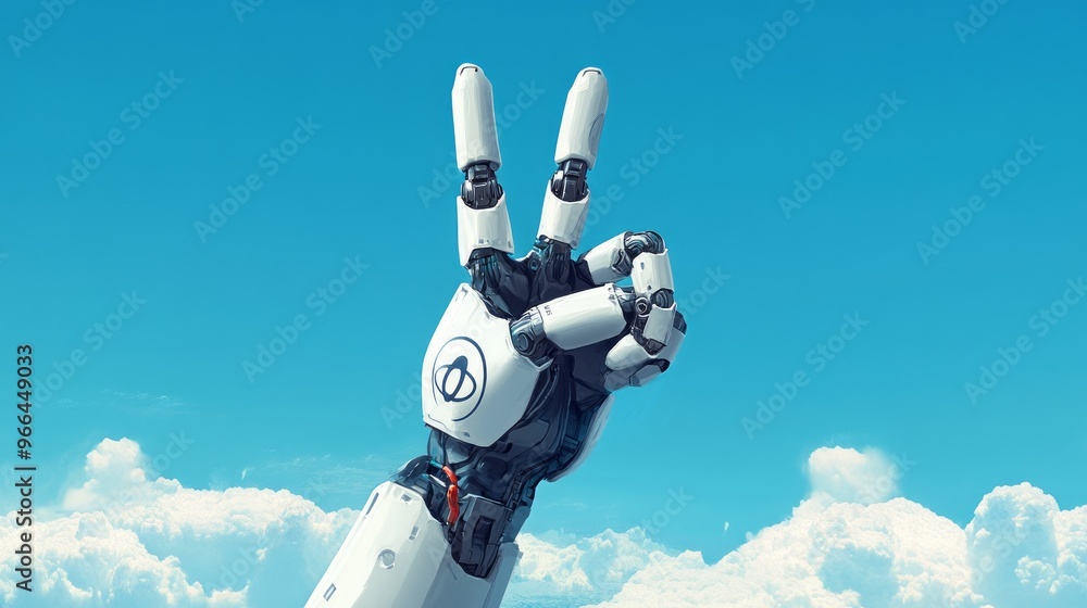 Poster this image features an android robot hand making a peace gesture against a blue background with clou