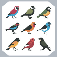 Set of black bird silhouettes and birds collection, bird set design. Eagle, Parrot, Penguin, Owl, Sparrow, Peacock, Flamingo, Hummingbird, Ostrich, Hawk.