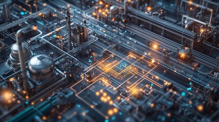 Fototapeta premium A detailed view of a futuristic industrial circuit board with glowing elements, representing advanced technology.