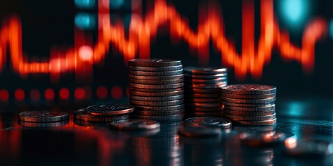 Stacks of Coins with Declining Stock Market Chart in Background