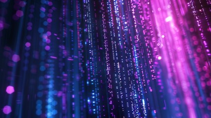 Naklejka premium Digital art of blue and purple vertical light lines with glitch effects like raindrops falling