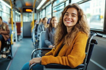 Smiling  handicapped woman in wheelchair,    riding in public transport whith another  passengers. People in the bus, tram.  Background with copy space on the left.