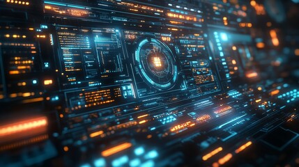 Obraz premium Holographic firewall system actively blocking cyber threats in a high-tech control center