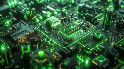 Obraz premium Close up of a high tech circuit board with illuminated green pathways symbolizing future technology
