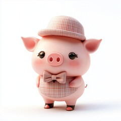 Kawaii Piggy with Bowtie and Hat - Cute 3D Cartoon Character in Pastel Gingham Outfit