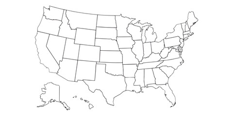 State-by-state vector divided map of the United States of America in a simple black line style, for drawing. Coloring page of the United States.
