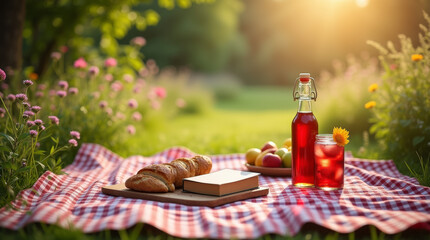 Picknick im Freien mit frischen Lebensmitteln und Getr&auml;nken
