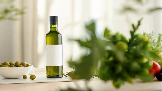 A bottle of olive oil next to a bowl filled with olives and some scattered herbs.