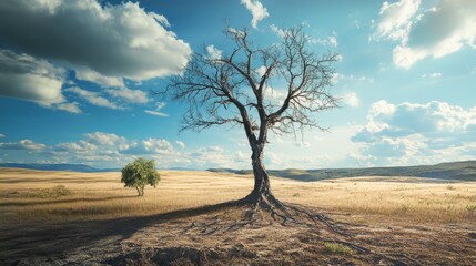 Fototapeta premium Half dead and half alive tree standing in the areas of landscape