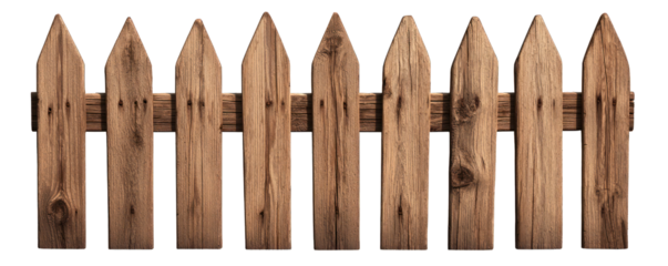 A rustic wooden fence with pointed tops, perfect for adding charm to gardens or homes with a classic touch. transparent background
