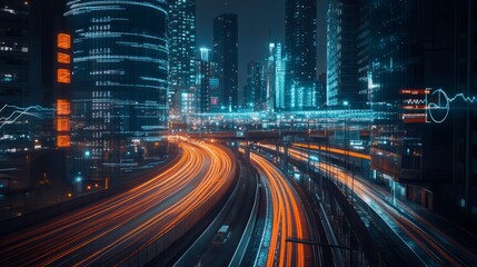 Image of multiple graphs over time-lapse of vehicles moving on modern bridge in city at night. Digital composite, business, report, chart, transport, light trail, long exposure and building.