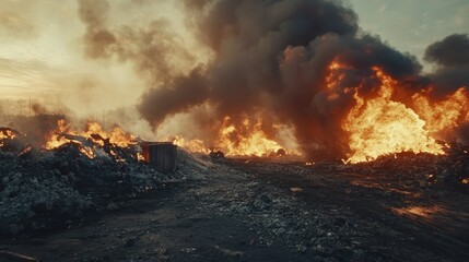 A fire is burning in the sky, with smoke and ash falling from it. The fire is very large and is surrounded by a lot of debris. Scene is intense and chaotic, as the fire is spreading rapidly