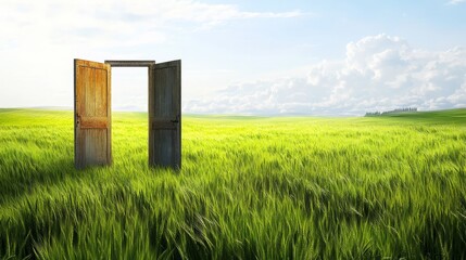 In a green beautiful field there is an open door in a transparent and white background.