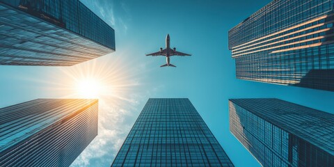 Airplane Flying Over Towering Skyscrapers and Blue Sky
