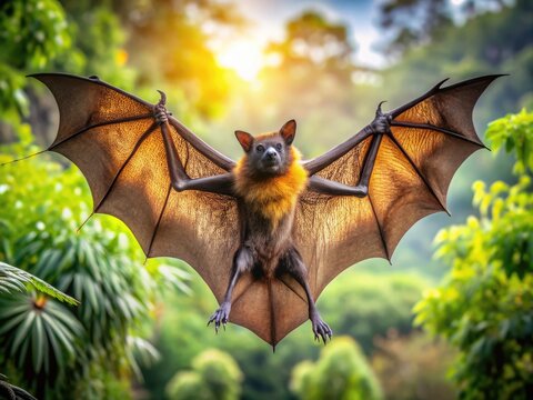 Majestic giant flying fox, world's largest bat, spreads its immense wings, showcasing intricate fur patterns and delicate fingers in a dramatic, sun-kissed flight pose.