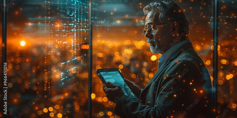 Poster businessman using a tablet while overlooking a city at night with digital data overlays, representin