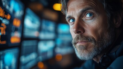 Cybersecurity expert analyzing data in a high-tech control room during a critical operation