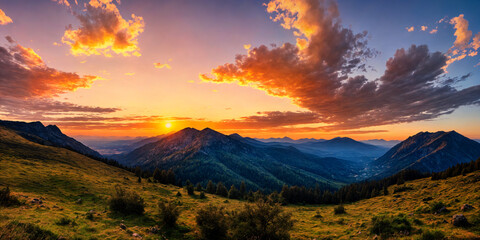 Panoramic view of a mountain landscape at sunset with golden light and orange skies creating a serene, peaceful atmosphere perfect for capturing the tranquil beauty of nature and the relaxing mood of 