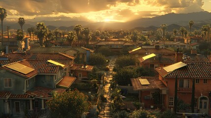 Obraz premium Breathtaking sunset illuminating rooftops adorned with solar panels in an urban residential area