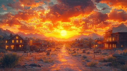 An old western town at sunset with dusty streets and vintage buildings
