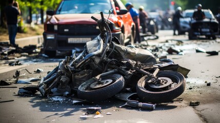 Severe traffic collision  damaged motorcycle after catastrophic accident with automobile