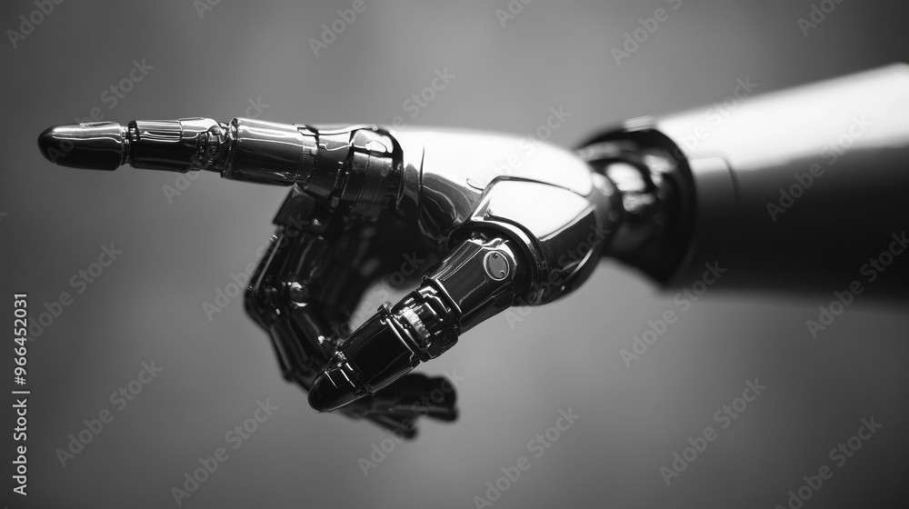 Poster robot hand pointing against grey background symbolizes advanced technology and innovation