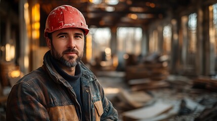 Obraz premium A construction worker in a red hard hat stands in a dilapidated building, looking directly at the camera.
