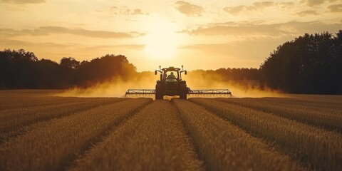 Fototapeta premium Tractor spraying crops in lush green fields during golden hour at a rural agricultural site