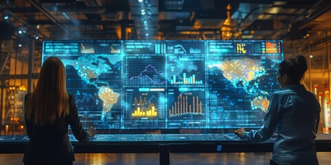 Two women analyzing global data on a large digital screen in a control center