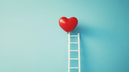 White ladder reaching for a heart-shaped balloon on a blue background