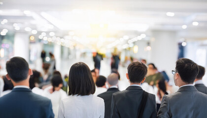 Obraz premium Blur, defocused background of public exhibition hall. Business tradeshow, job fair, or stock market. Organization or company event, commercial trading, or shopping mall marketing advertisement concept