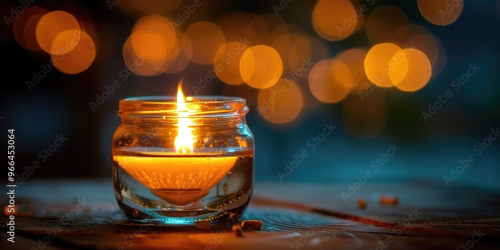 Aufkleber glowing candle flame on a floating wick inside a glass jar creating a serene atmosphere and casting 