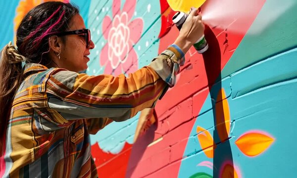 An artist painting a colorful mural on the side of a building, transforming the urban landscape with vibrant imagery. Video