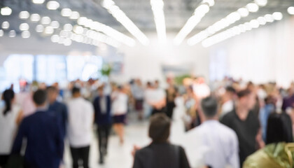 Blur, defocused background of public exhibition hall. Business tradeshow, job fair, or stock market. Organization or company event, commercial trading, or shopping mall marketing advertisement concept