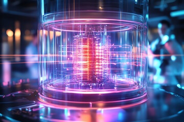 Quantum Computer with Glowing Core, Holographic Interface, Futuristic Design, AI, Machine Learning, Data Streams, Virtual Reality, and Cutting-Edge Technology for Advanced Research
