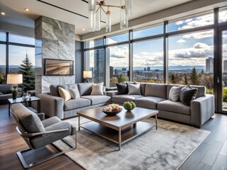 Fototapeta premium Modern Calgary living room featuring sleek grey sofas, marble coffee table, and floor-to-ceiling windows, beautifully styled by a professional interior design team.