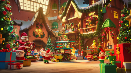 Santa's Workshop: A playful and whimsical background featuring Santa Claus's workshop with toy-making elves, colorful toys, and festive decorations.