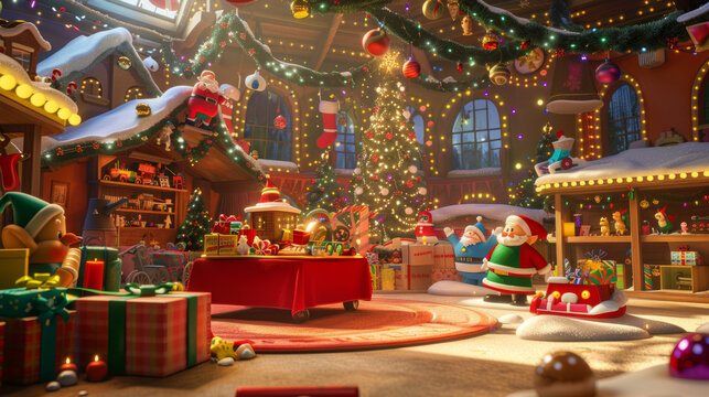 Santa's Workshop: A playful and whimsical background featuring Santa Claus's workshop with toy-making elves, colorful toys, and festive decorations.